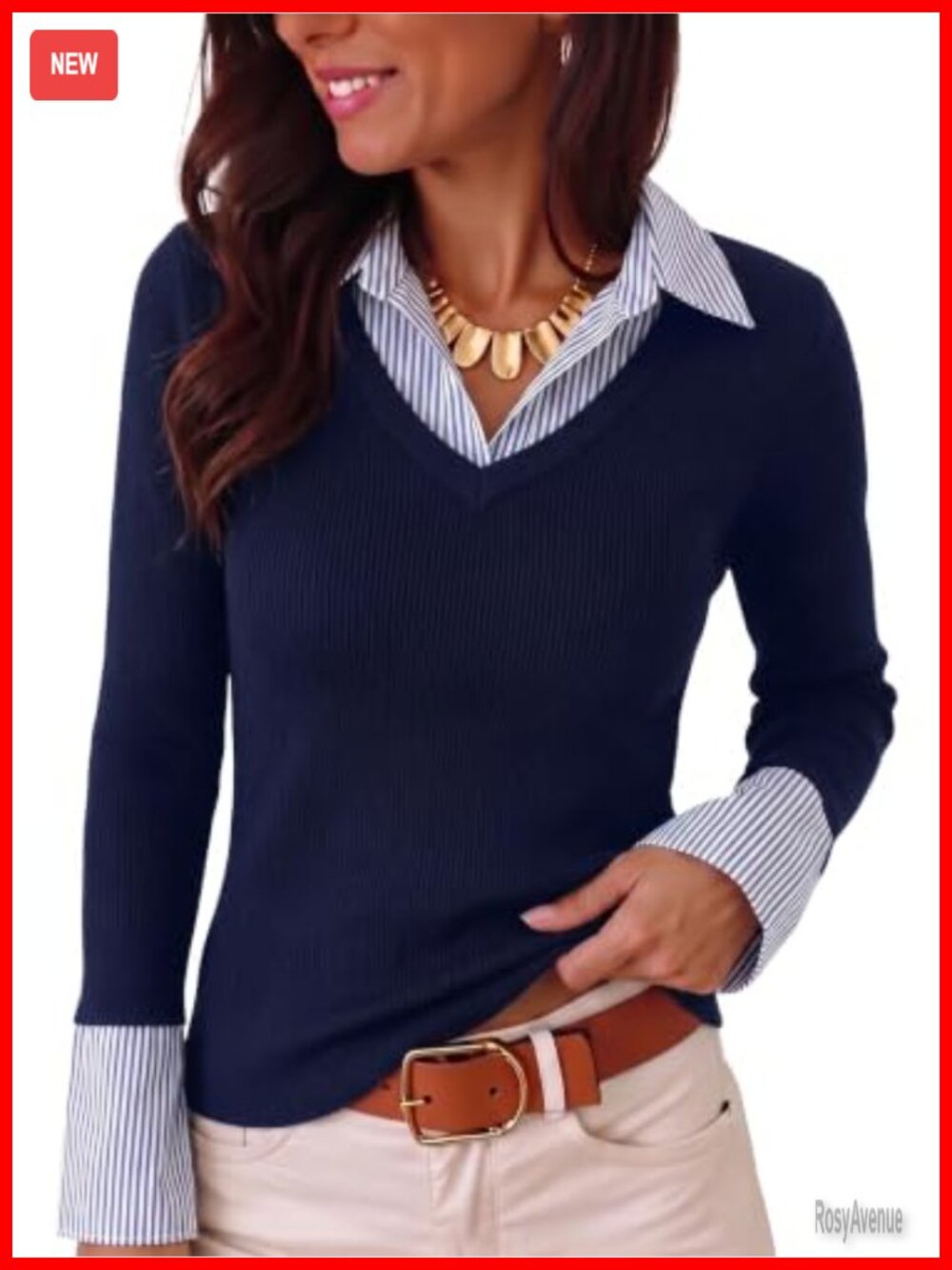 Womens Long Sleeve Polo Shirt Striped Collared Ribbed Knit Slim Fit Top